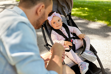 Image showing happy father with child in stroller at summer park