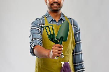 Image showing indian gardener or farmer with garden tools