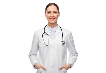 Image showing happy smiling female doctor in white coat