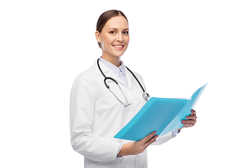 Image showing happy smiling female doctor with folder