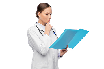 Image showing thinking female doctor with folder and stethoscope