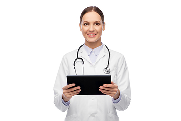 Image showing happy female doctor with tablet pc and stethoscope