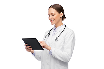 Image showing happy female doctor with tablet pc and stethoscope