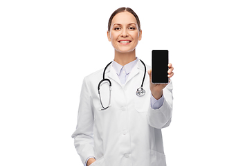 Image showing happy female doctor or nurse with smartphone