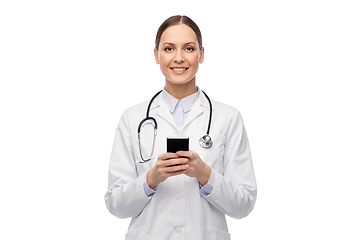 Image showing happy smiling female doctor with smartphone