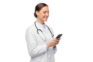 Image showing happy smiling female doctor with smartphone