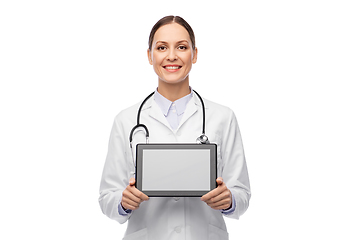 Image showing happy female doctor with tablet pc and stethoscope