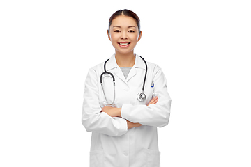 Image showing happy smiling asian female doctor in white coat