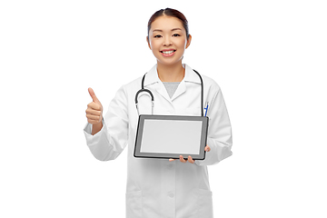 Image showing asian female doctor with tablet pc shows thumbs up