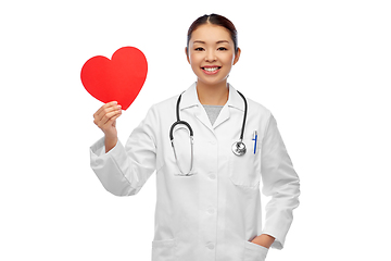 Image showing happy smiling asian female doctor with red heart