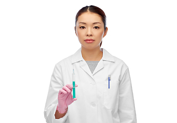 Image showing asian female doctor or scientist with syringe
