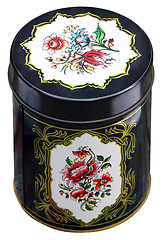 Image showing Old black Vintage round tin box, decorated with flowers