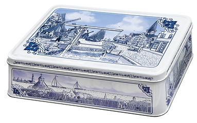 Image showing Old Vintage rectangular metal box, decorated with Dutch motifs