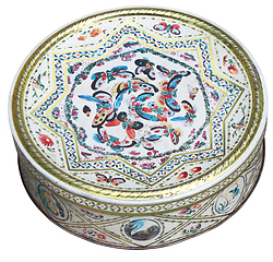 Image showing Old white Vintage round tin box, decorated with butterflies