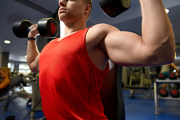 Image showing close up of man with dumbbells exercising in gym