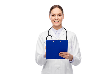 Image showing happy smiling female doctor with clipboard