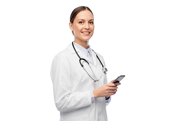 Image showing happy smiling female doctor with smartphone