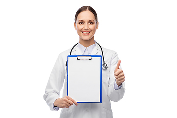 Image showing female doctor with clipboard showing thumbs up