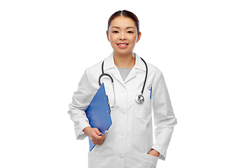 Image showing happy smiling asian female doctor with clipboard