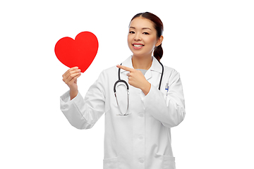 Image showing happy smiling asian female doctor with red heart