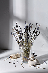 Image showing sachet bag, rope and lavender flowers in vase