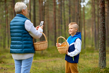 Image showing grandmother photographing grandson with mushrooms