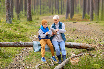 Image showing grandmother with grandson drinking tea in forest