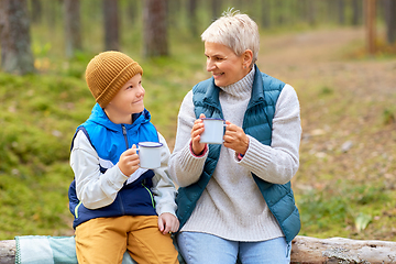 Image showing grandmother with grandson drinking tea in forest