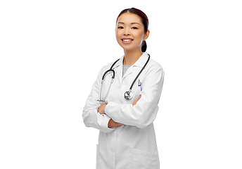 Image showing happy smiling asian female doctor in white coat