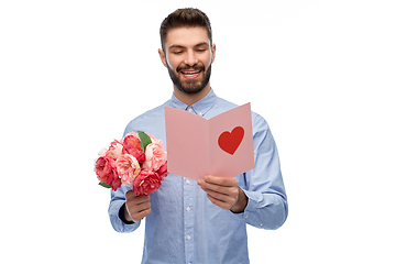 Image showing happy man with flowers and valentine's day card