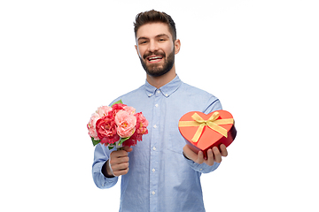 Image showing happy man with flowers and valentine's day gift