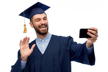 Image showing male graduate student with smartphone takes selfie