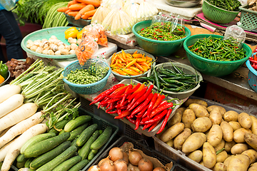 Image showing Fruit market with various colorful fresh fruits and vegetables