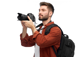 Image showing man or photographer with camera and backpack