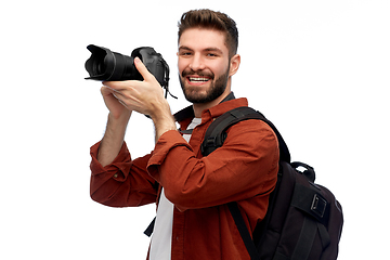 Image showing happy man or photographer with camera and backpack