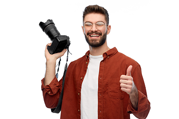 Image showing man or photographer with camera showing thumbs up