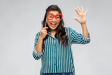 Image showing happy asian woman with big party glasses