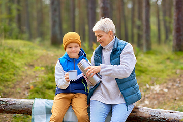 Image showing grandmother with grandson drinking tea in forest