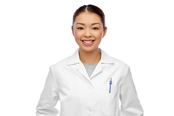 Image showing happy smiling asian female doctor in white coat