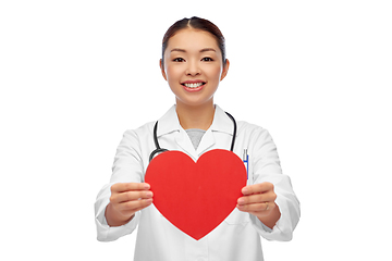 Image showing happy smiling asian female doctor with red heart