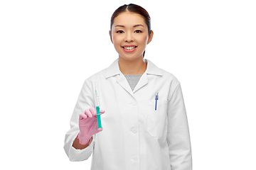 Image showing asian female doctor or scientist with syringe