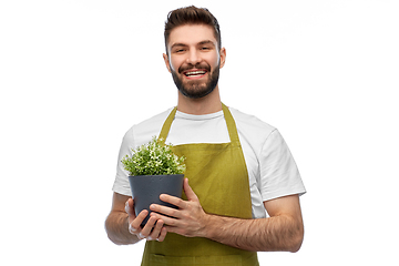 Image showing happy smiling male gardener with flower in pot