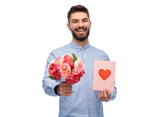 Image showing happy man with flowers and valentine's day card