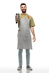 Image showing happy waiter with tumbler or takeaway thermo cup