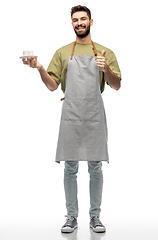 Image showing barista or waiter with coffee showing thumbs up