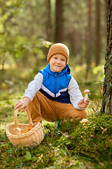 Image showing happy boy with basket picking mushrooms in forest