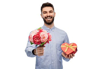 Image showing happy man with flowers and valentine's day gift