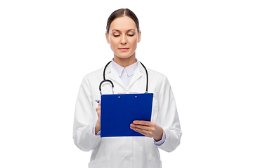 Image showing female doctor with clipboard and stethoscope