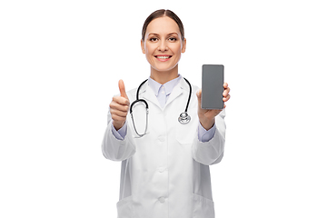 Image showing female doctor with smartphone showing thumbs up