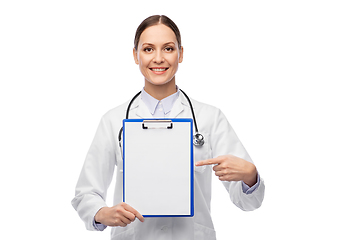 Image showing happy smiling female doctor with clipboard